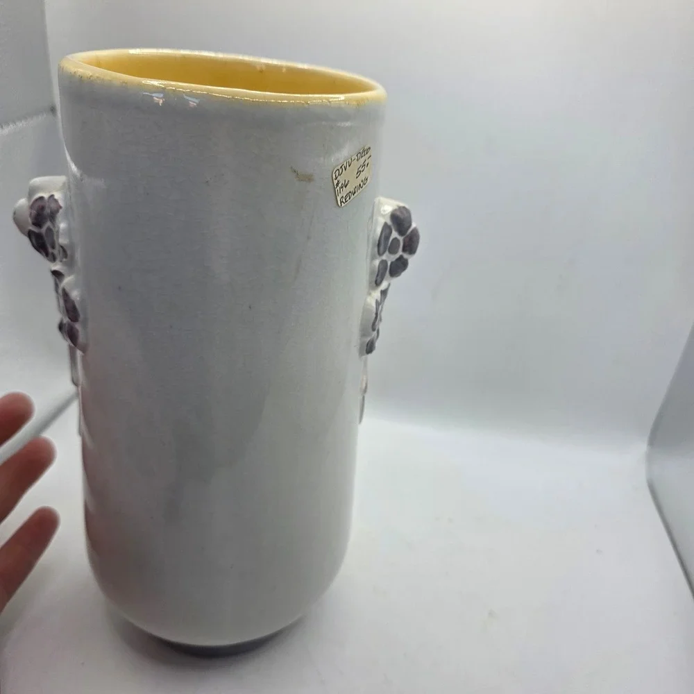 Large Vintage Art Pottery Vase Gray Crackle Glaze Purple Raised Flowers MCM